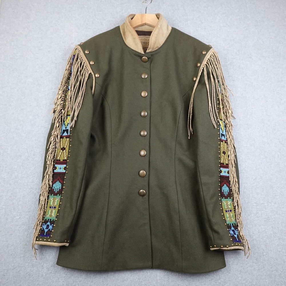 Double D Ranchwear Beaded Fringe Calvary Jacket Western Wool Medium Grn Boho VTG